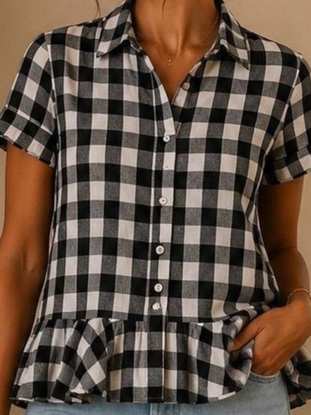 Madewell Black & White Gingham Ruffle-Hem Button-Front Blouse